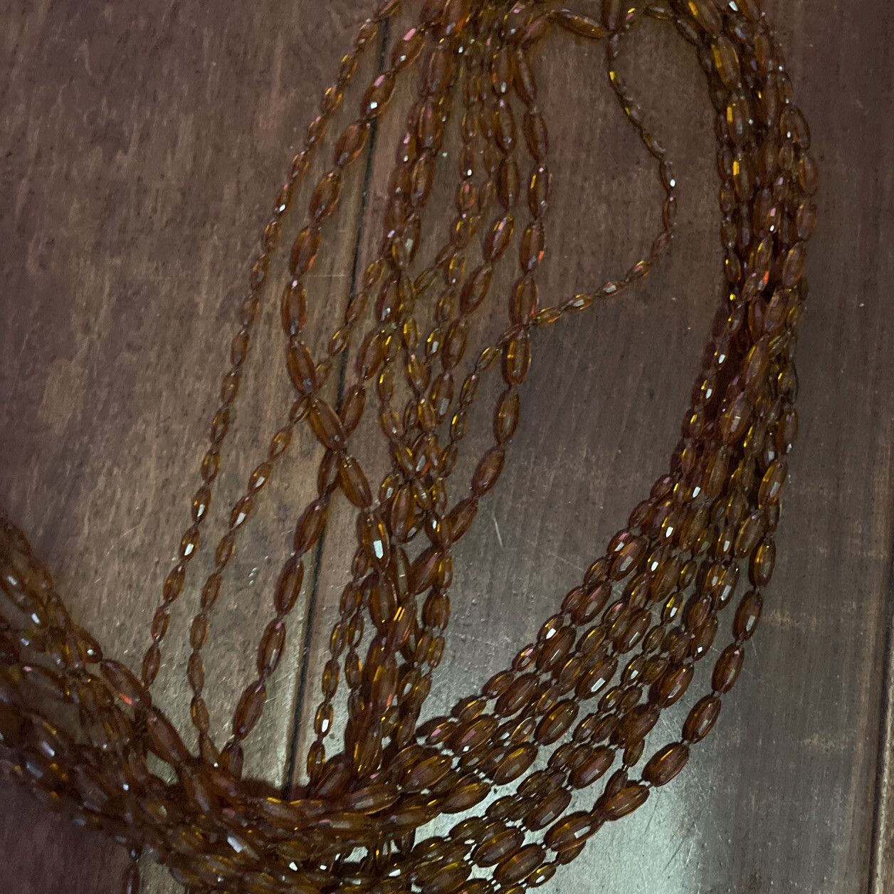 Vintage Necklace 52” 5 Strand Rootbeer Color Beads Different Shapes Wrap A Round