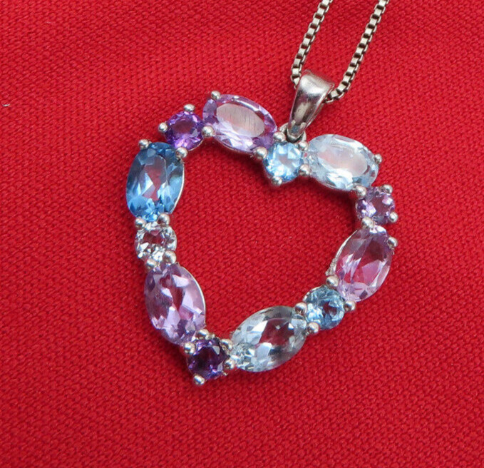 Vintage Sterling Silver Necklace Heart Pendant Purple Blue Topaz Gemstones 313c