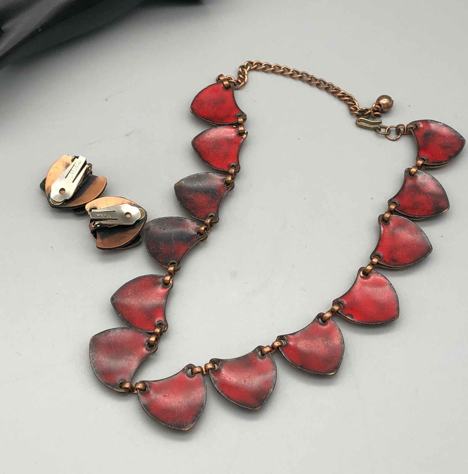 Vintage MCM Matisse Red Spotted Enamel w/Copper Overlay Necklace & Earrings Set