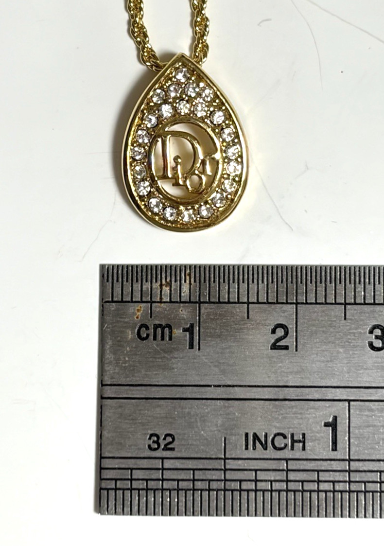 Christian Dior necklace pendant with CD logo rhinestones gold plated teardrop
