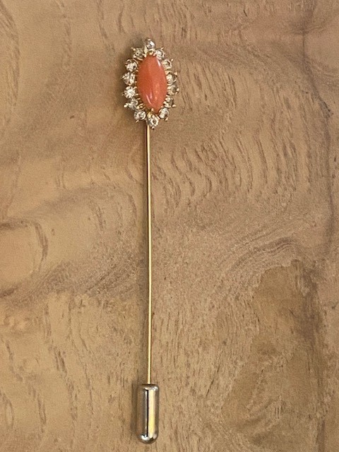 Vintage 1980s Set of Pink Coral & Dimond Pin and Stud Earrings – Gold Plated