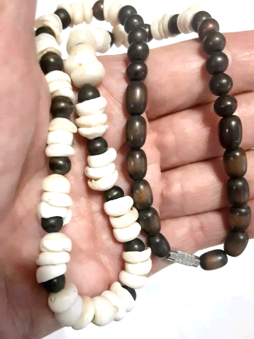 Vintage Puka Shell Necklace with Wood Bead 17.5 in