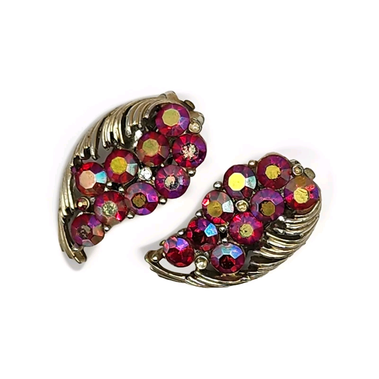 Vintage Lisner Fuchsia Red Aurora Borealis Rhinestone Feather Leaf Clip Earrings