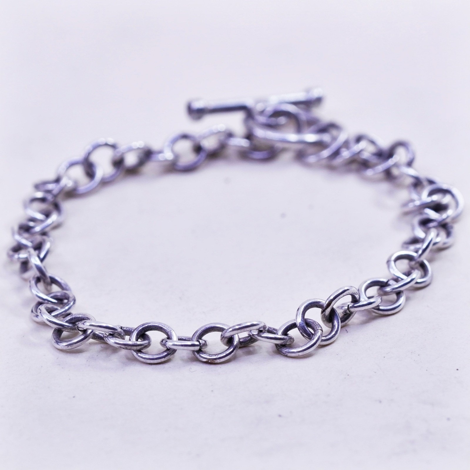 6.5”, 5mm, Vintage sterling silver circle link chain bracelet toggle closure
