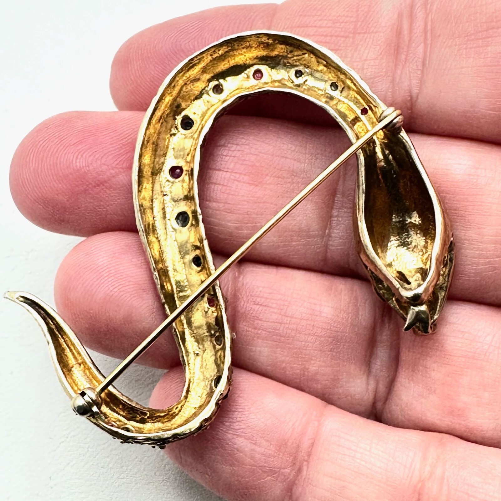 Vintage Ruby Sapphire Emerald Gold Over Sterling Silver Snake Brooch Estate
