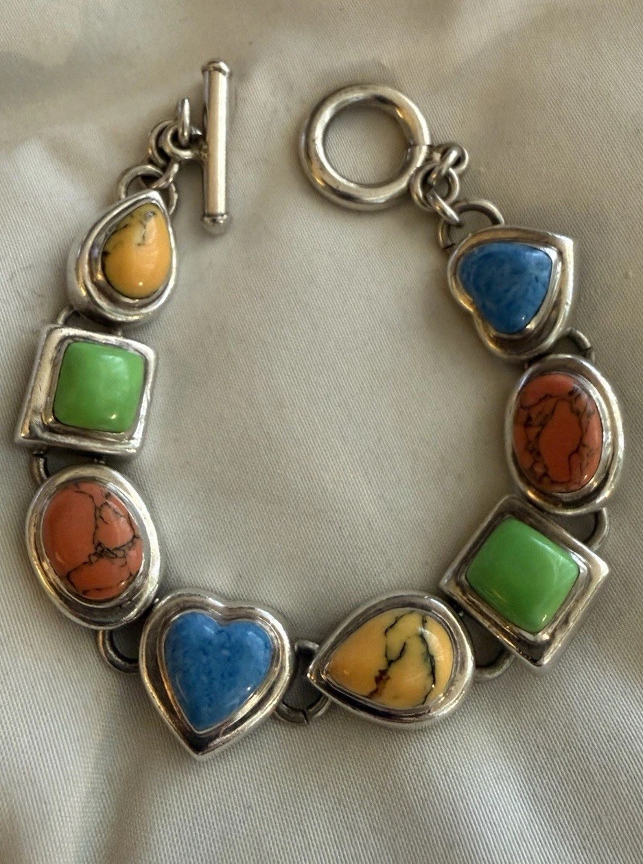 VTG Mexico 925 Multi Stone Toggle Bracelet 7.25in 49Grams