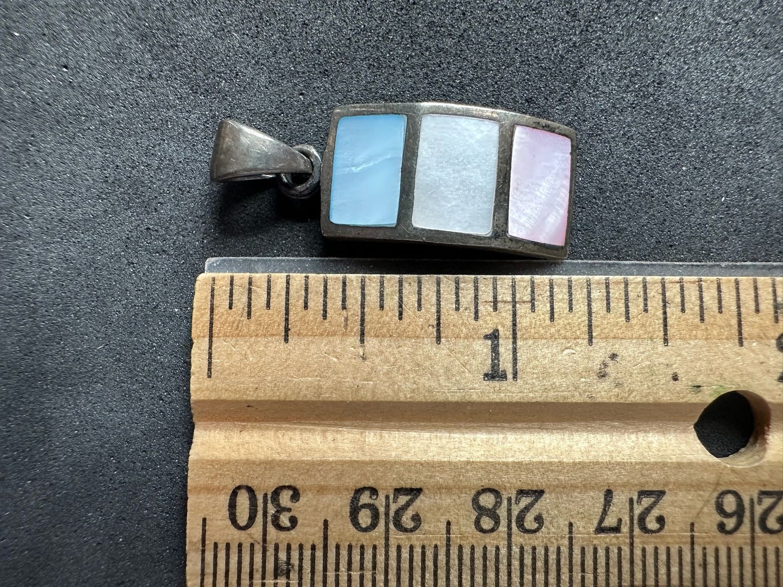 5.18g Vintage Sterling Silver 925 Pendant Blue White Pink Inlay Rectangular M