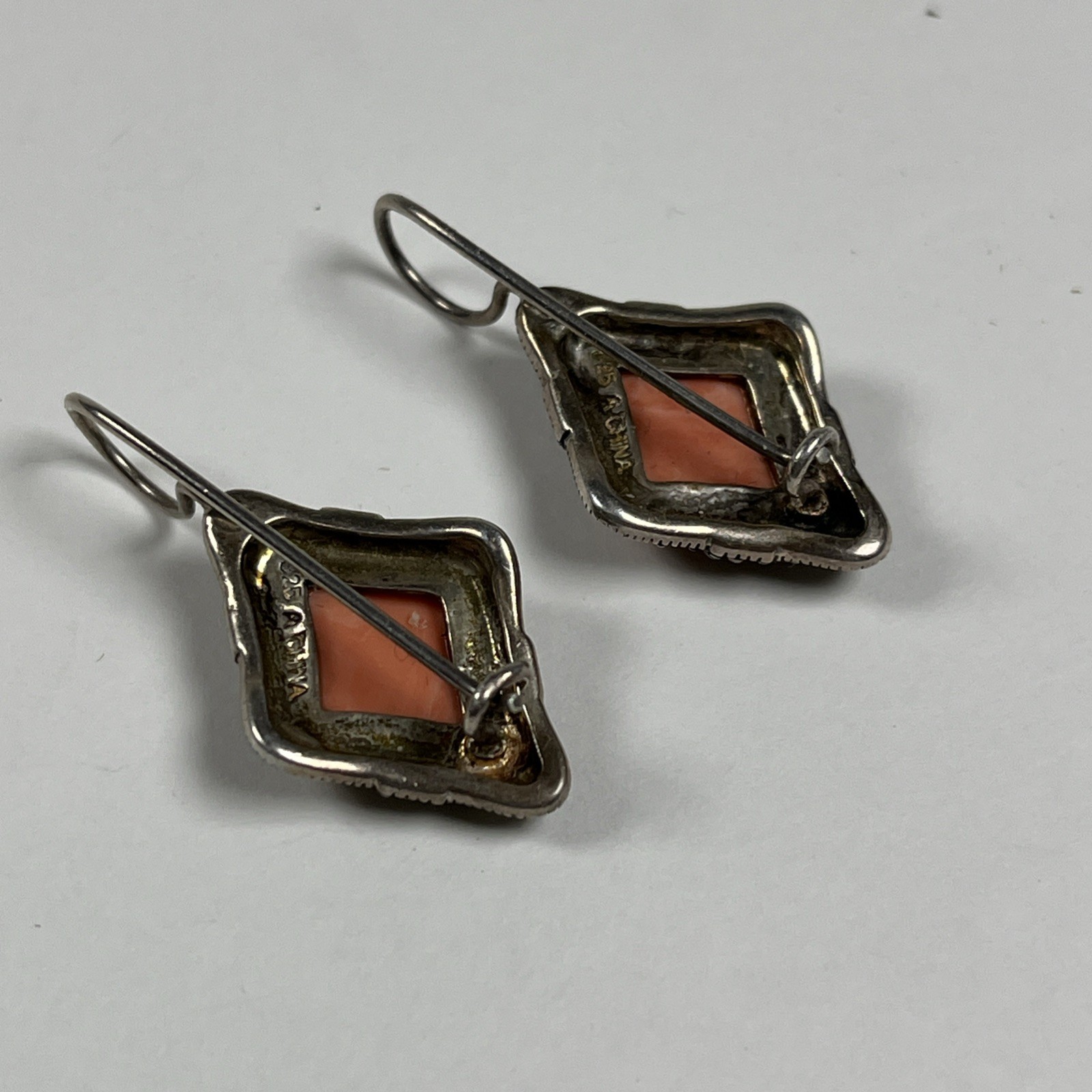 A 925 Vintage Sterling Silver 925 Marcasite Faux Coral Dangle Earrings 6.9g