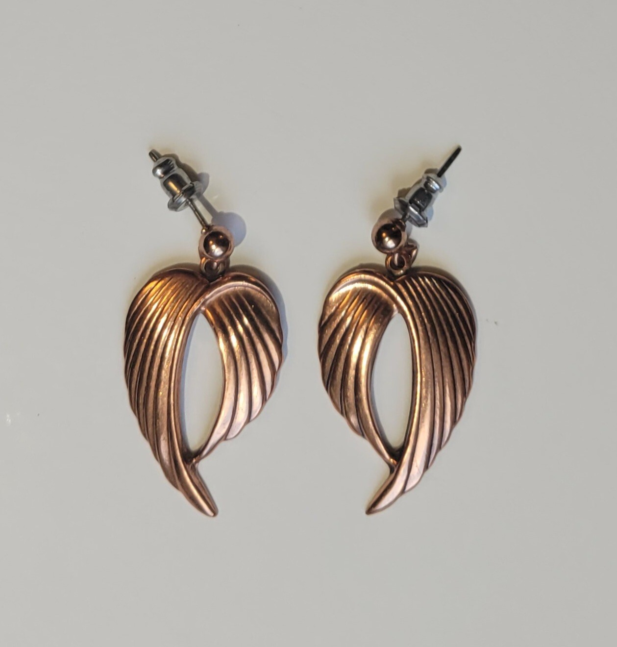 Copper Angel Wings Art Nouveau Style Post Dangle Drop Pierced Earrings Vintage