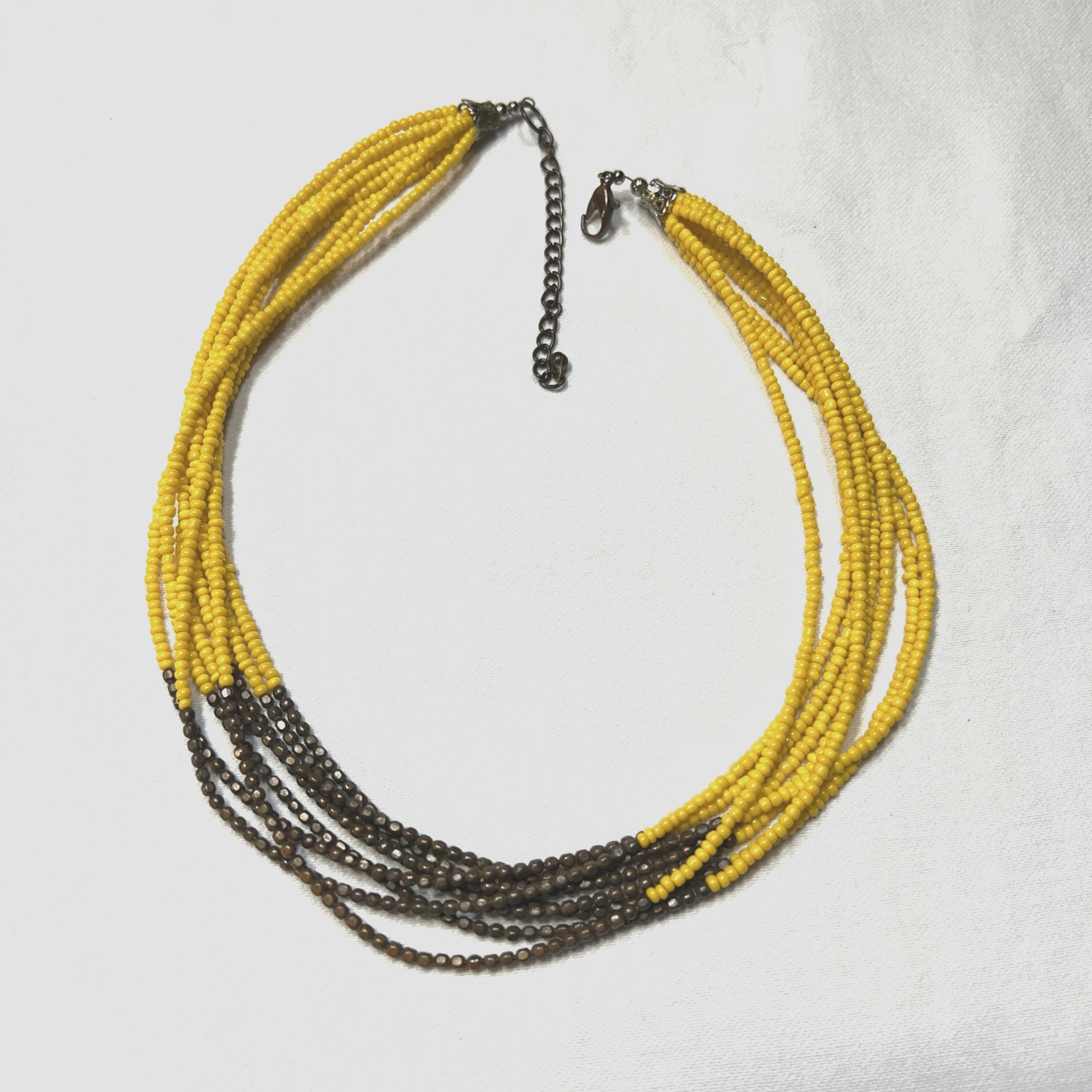 Vintage Brass-tone Yellow Glass Sead Bead Necklace Multistrand 21″