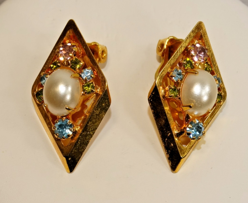 E19 VINTAGE RHINESTONE & FAUX PEARL DIAMOND TASSLE NECKLACE & EARRING MULTICOLOR