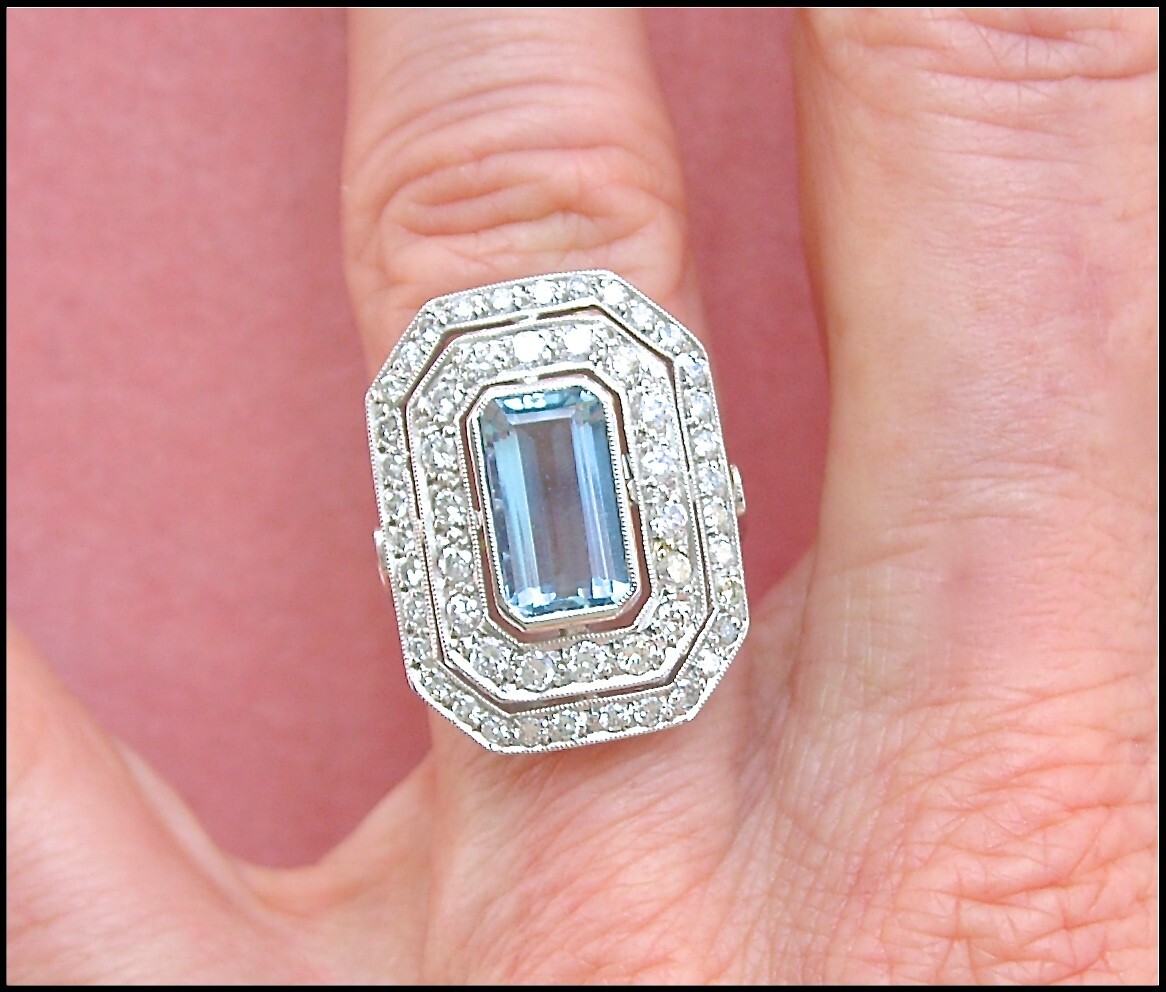ESTATE DECO 1.55ct AQUAMARINE 1ctw OLD DIAMOND PLATINUM COCKTAIL RIGHT-HAND RING