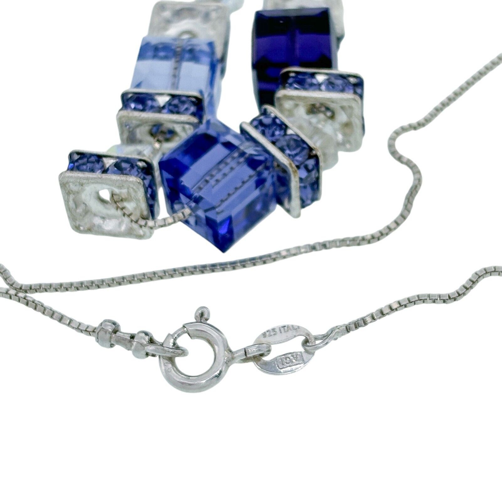 Vintage Italian Sterling Silver 925 Blue Crystal Cube Bead Necklace 22″