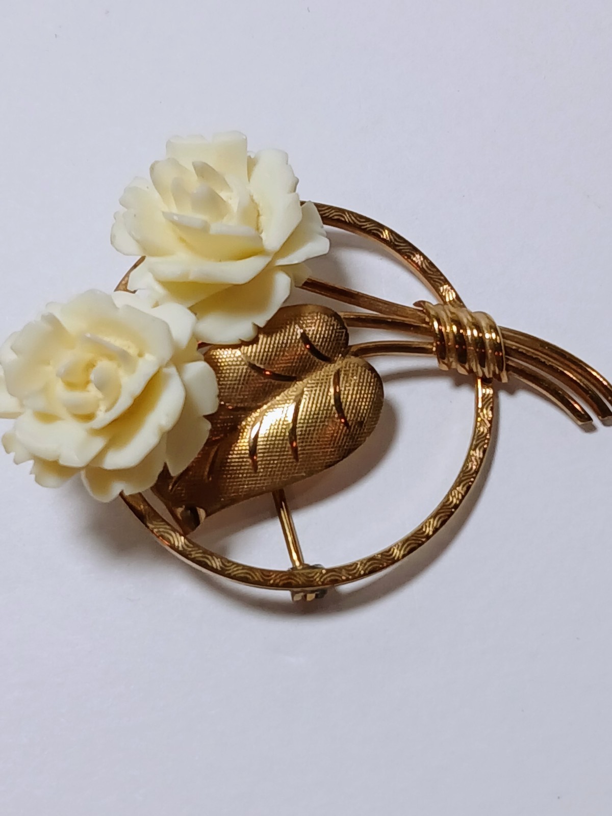 Vintage 1/20 12K Brooch Gold Filled Carved Rose Flower Leaf Pin Signed GF AC