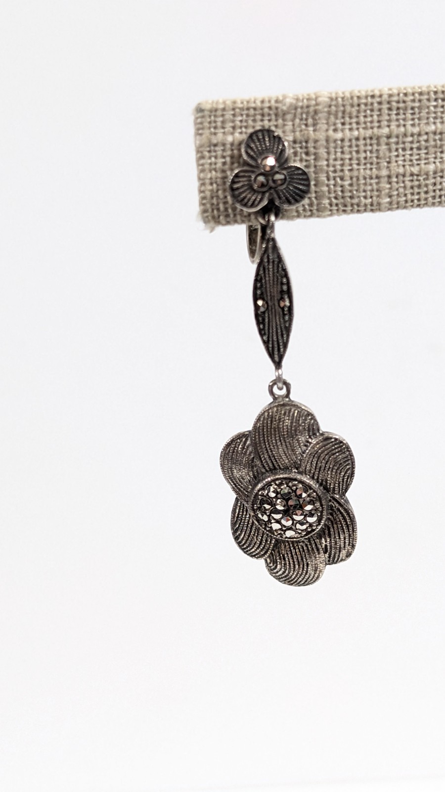 Art Deco Sterling Silver Marcasite Drop Flower Earrings – 925 Vintage
