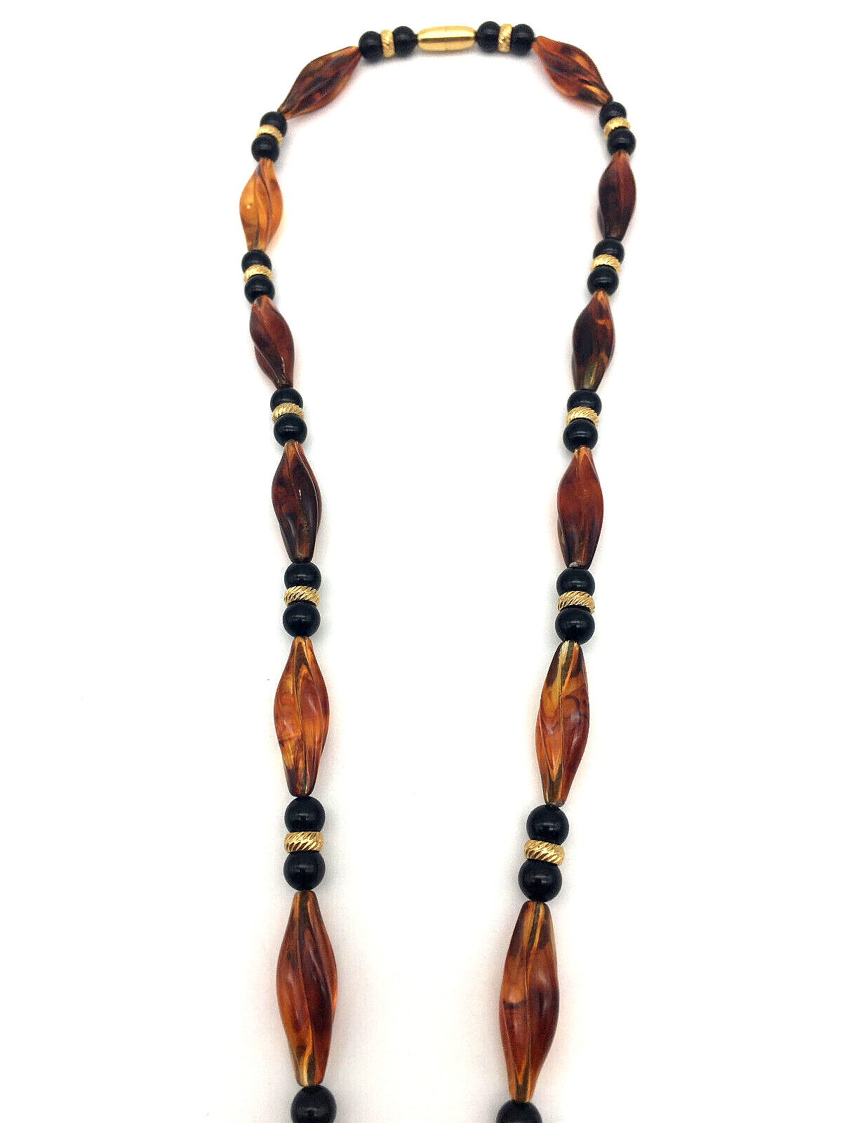 Vintage Honey Amber Twisted/Black Onyx Beads 14K Gold Fill Spacers 38″ Necklace