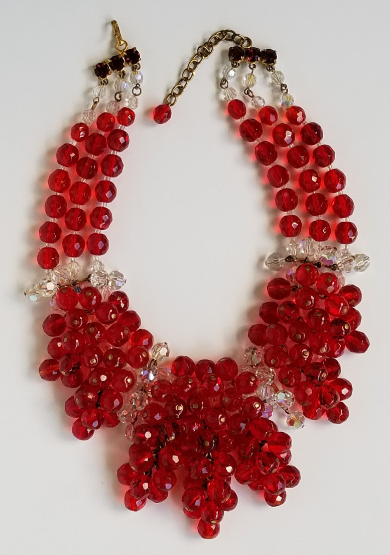 Vintage Signed France AB Bead & Red Glass Cluster Bead Necklace