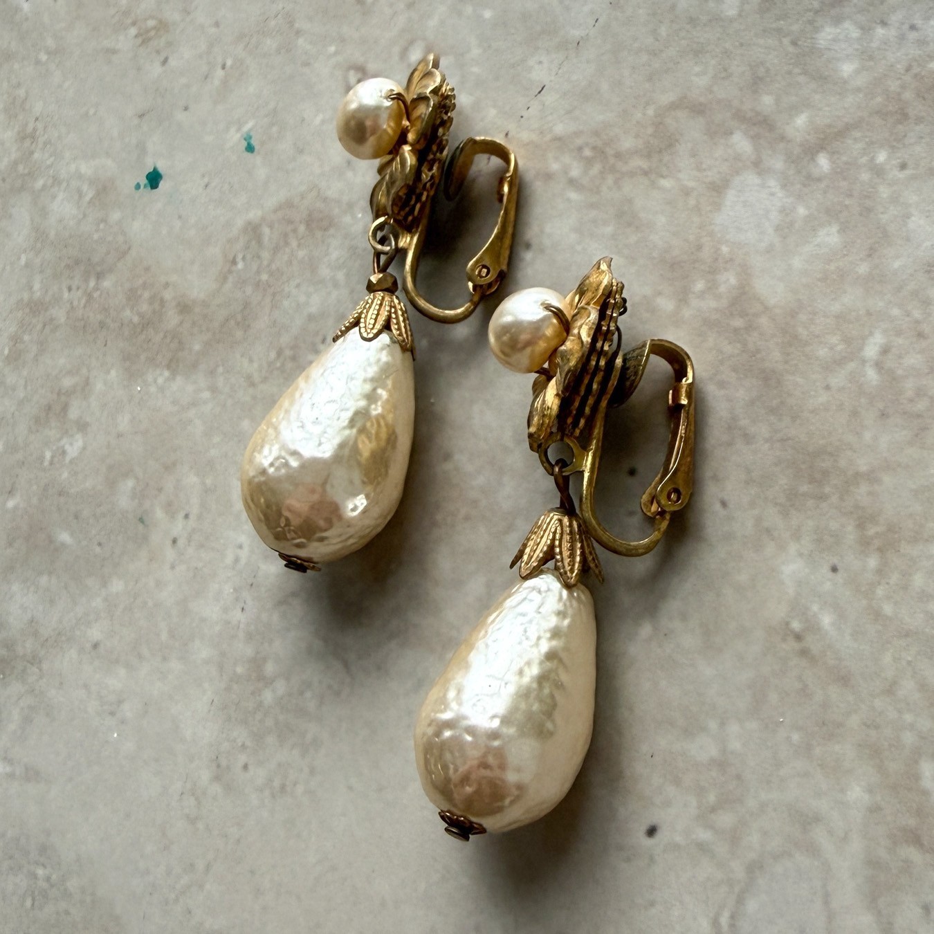 Vtg Signed Miriam Haskell Flower Pearl Drop Earrings Brass Clip Ons