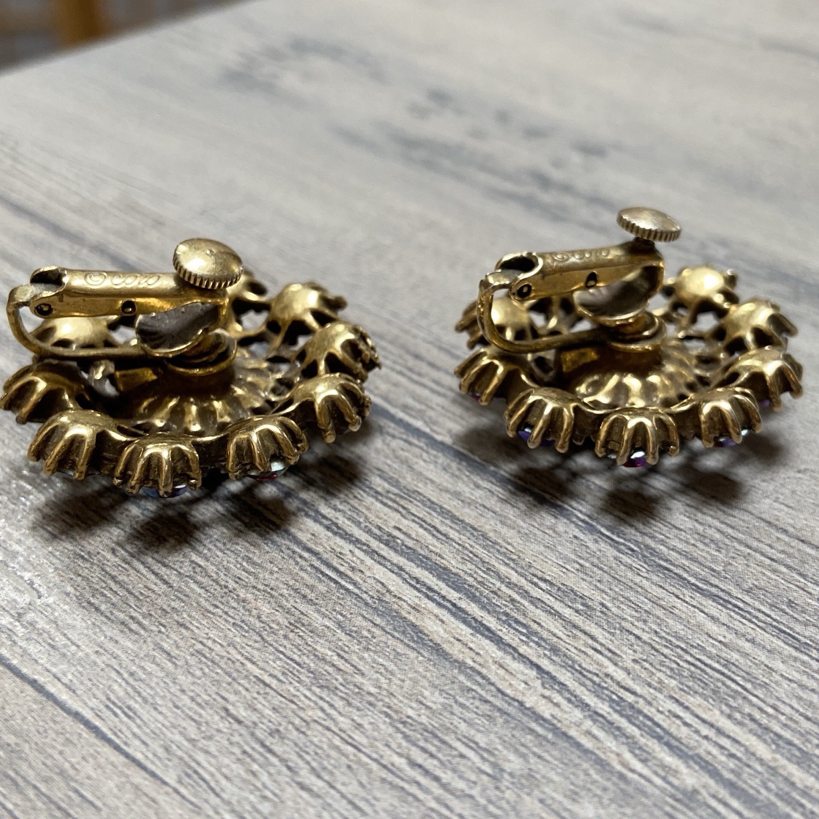 Vintage Coro Earrings Clip On Red AB Iridescent Rhinestones Round Floral Cluster