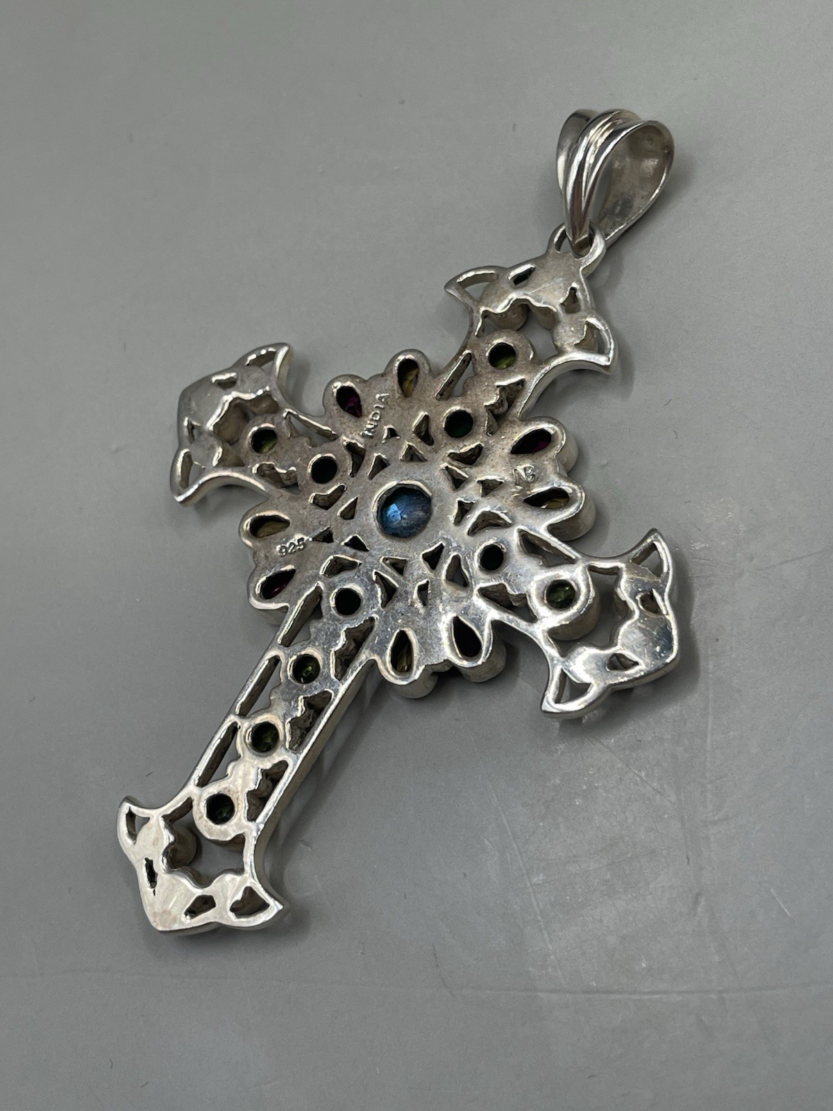 NICKY BUTLER MULTI GEMSTONE STERLING SILVER 925 CROSS CRUCIFIX 2.75” PENDANT NIB