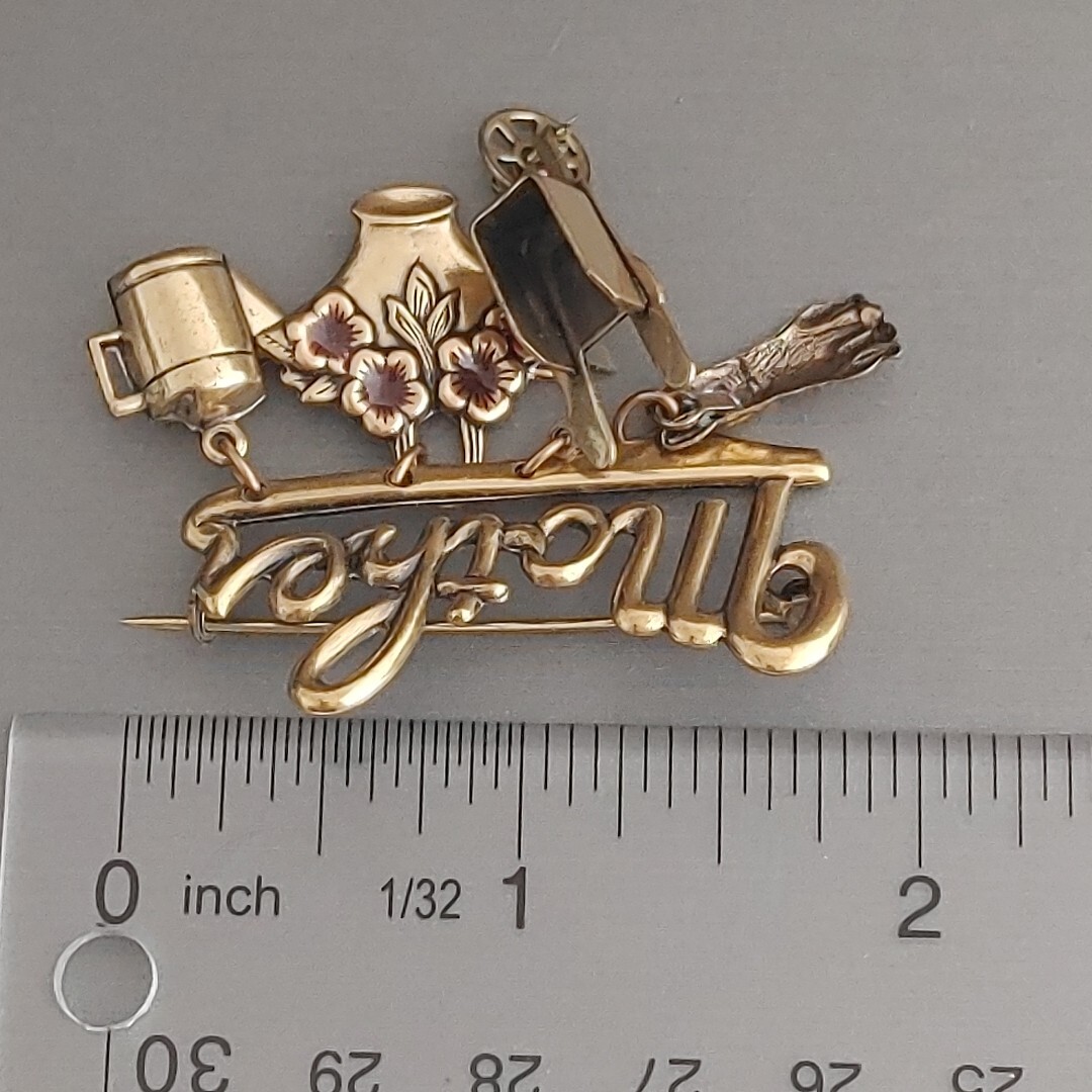 Vintage Brass Charm MOTHER Brooch Pin Gardening Bunny Wheelbarrow Flowers 1.75”