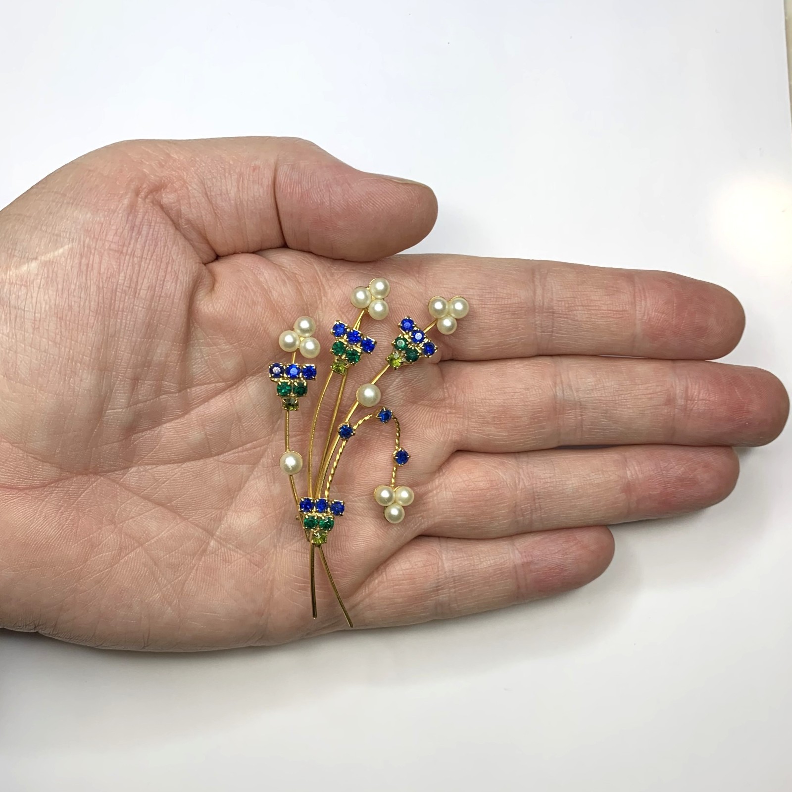 Vintage Blue & Green Rhinestone Faux Pearl Flower Bouquet Brooch Gold Tone