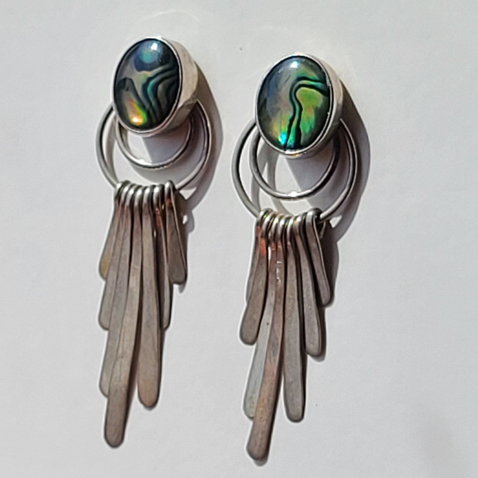Vintage Sterling Silver Paua Shell Fan Dangle Stud Earrings Southwestern Style