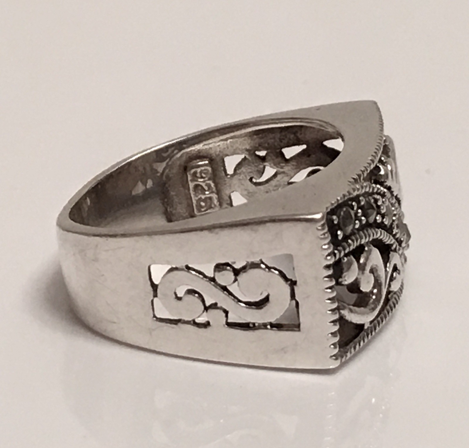 Vintage CW Sterling Silver Marcasite Wide Rectangle Swirl Scroll Size 6.25 Ring