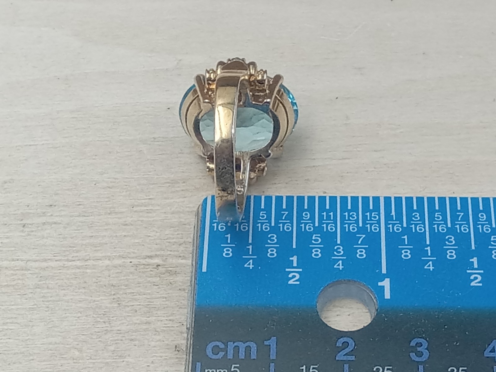 Deco style Sterling Ring Gold Wash – Faceted Blue Topaz Oval & Clear Accents: S8