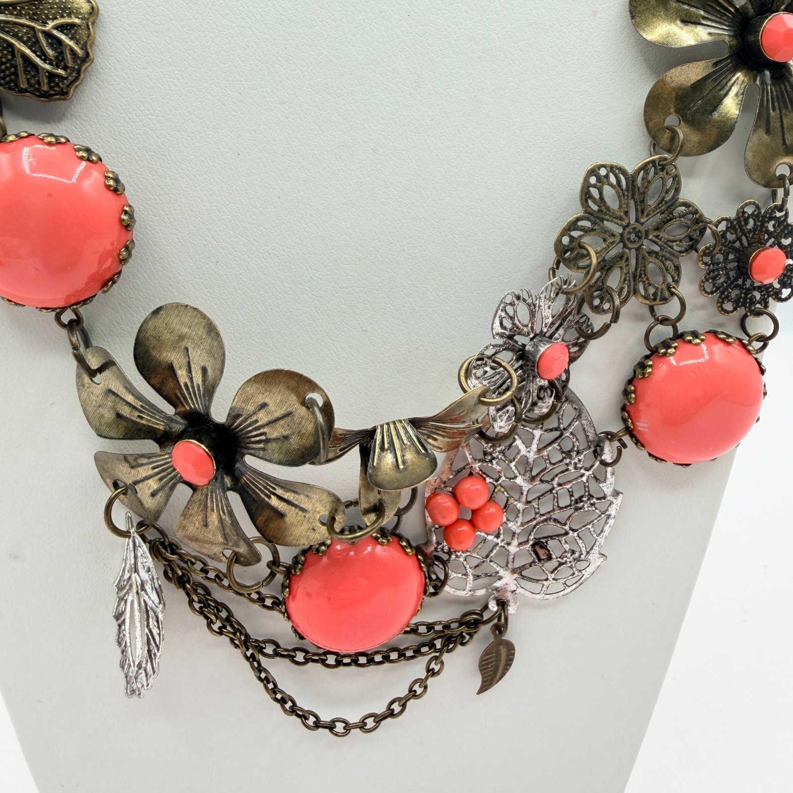 Vintage Bronze Tone Floral Bib Necklace Statement Orange Faux Coral Bead Boho