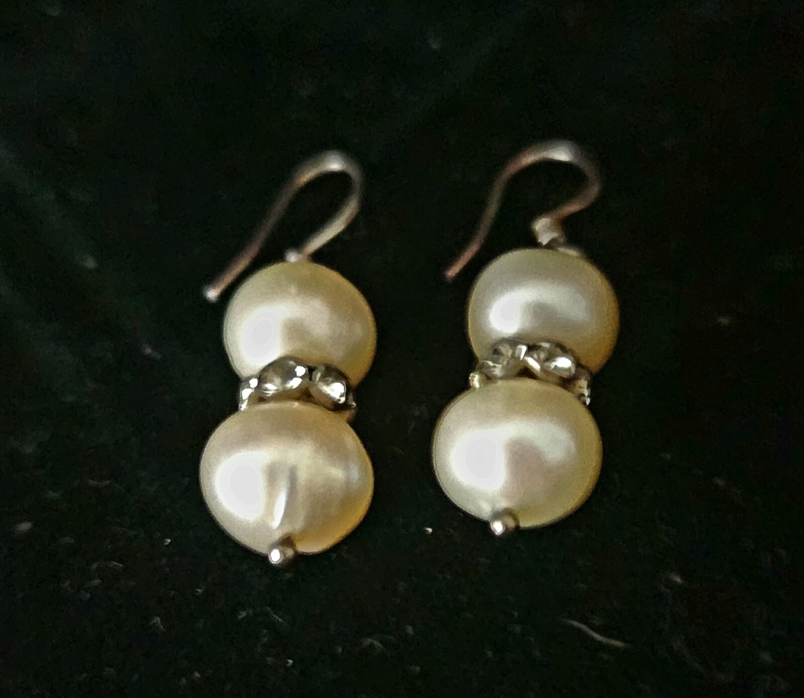 Elegant,2 Tiered Pearl Dangle Earrings, 925 Sterling Silver & Shimmering Crystal