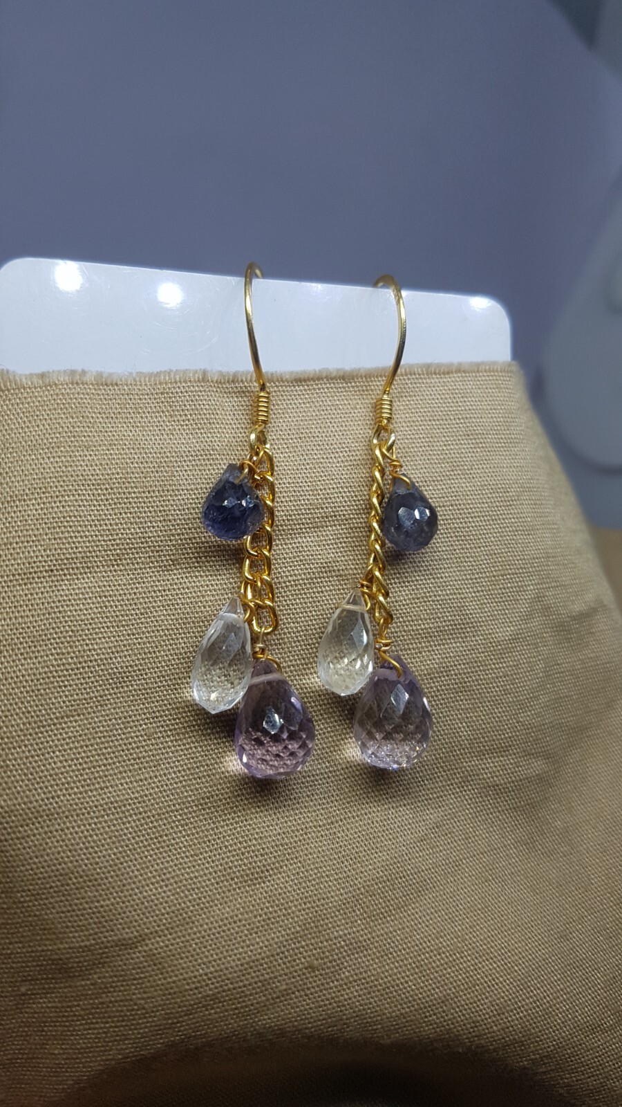 Iolite pink amethyst Clear quartz gemstone 925 sterling silver earrings jewelry