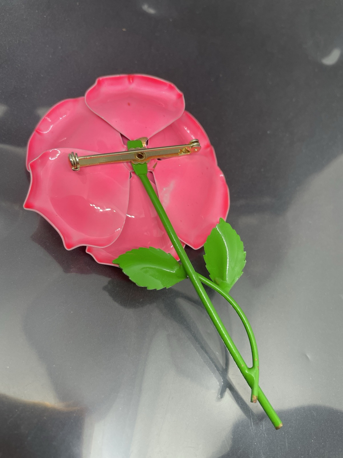 Vintage 1960’s MCM Pink And Green Enamel Layered Flower W/Stem 4.75” Brooch Pin