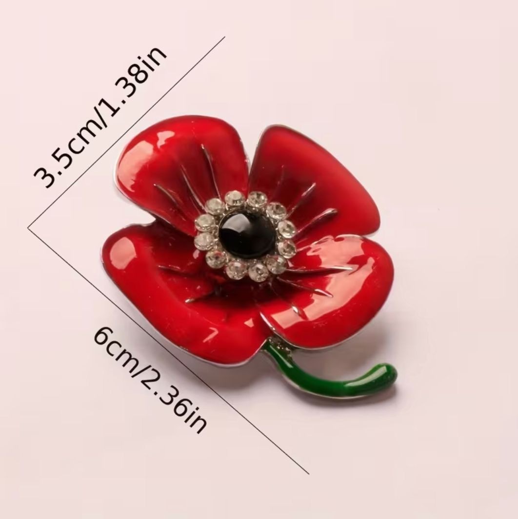 Red Enamel Poppy Flower Brooch with Crystals