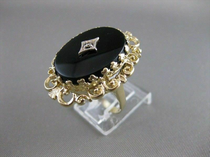 ANTIQUE VICTORIAN OLD MINE DIAMOND ONYX 14K Y GOLD FILIGREE COCKTAIL RING #20714