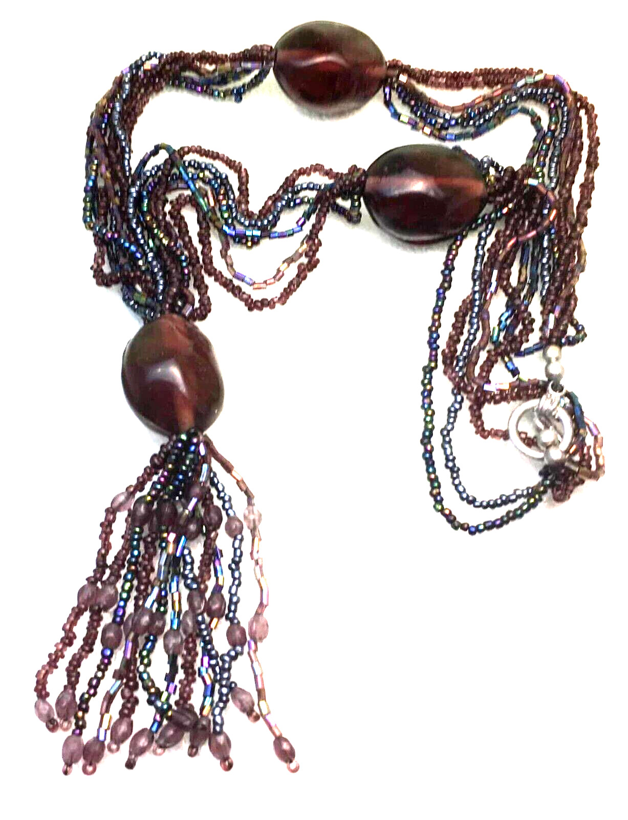 Purple Tassel Pendant Large Glass Beads Peacock Seed Beads Toggle Clasp 23“ Long