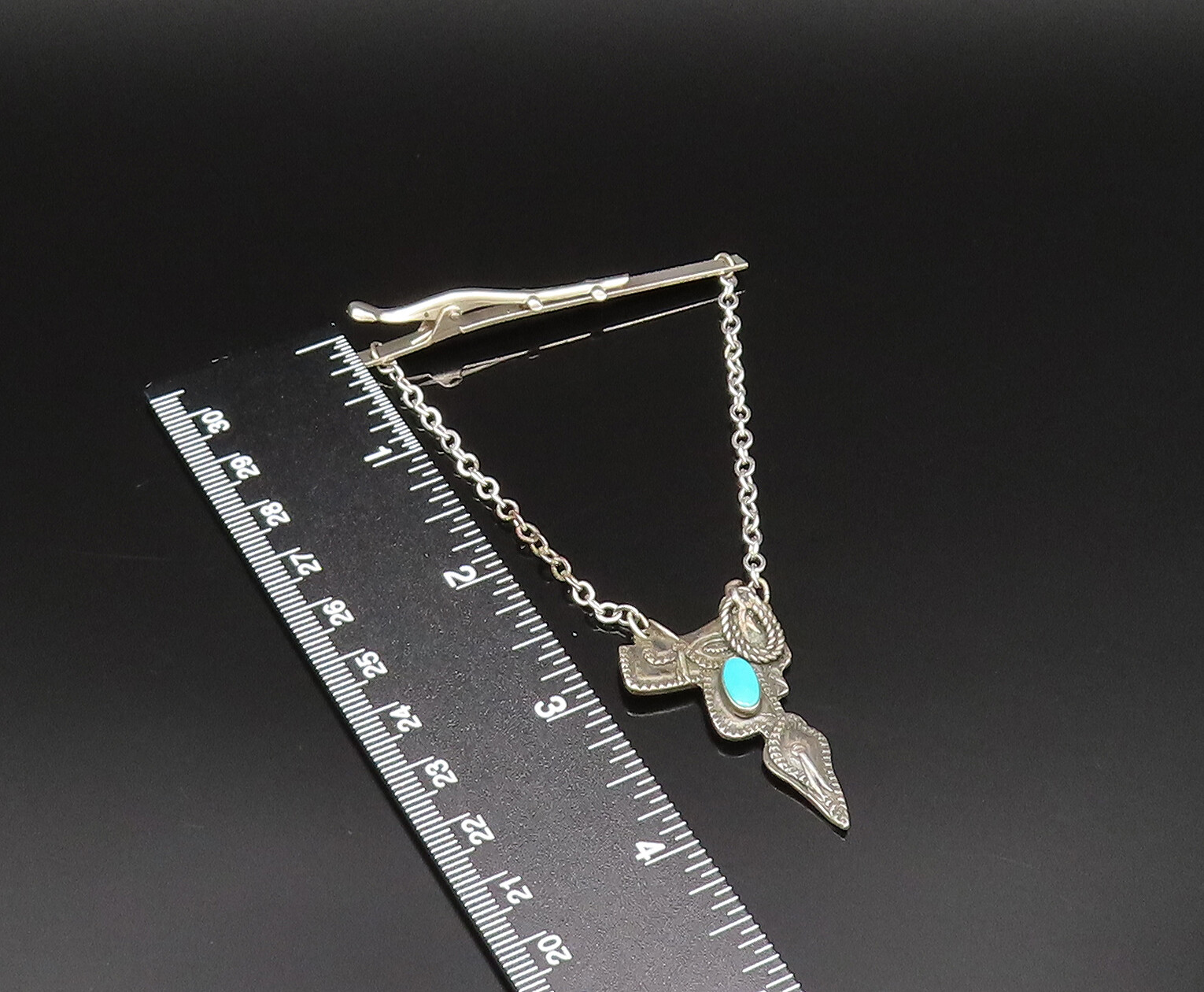 SOUTHWESTERN 925 Sterling Silver Vintage Etched Turquoise Saddle Tie Clip TR3382