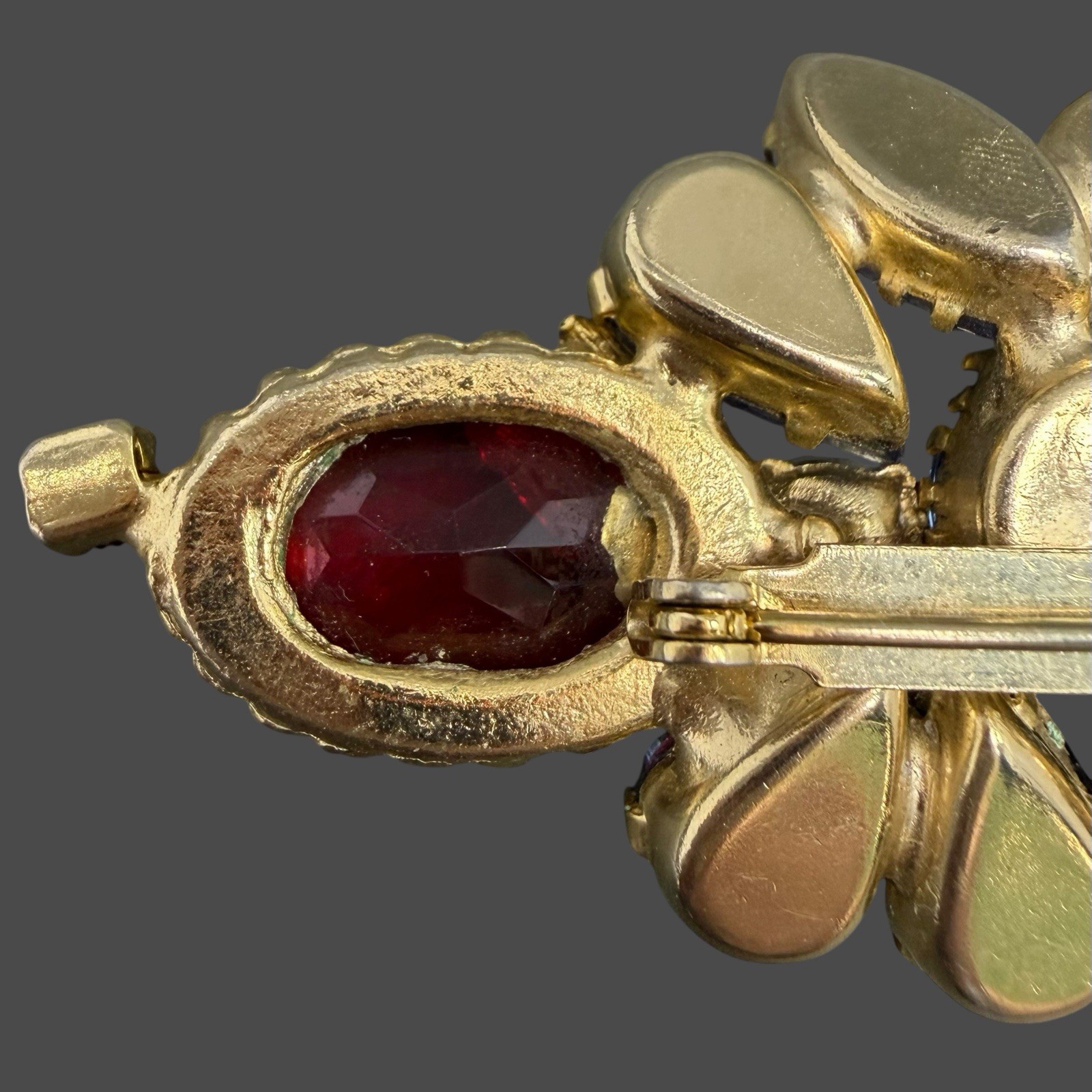 Vintage Gold Tone Red Cab Purple Pink Rhinestone Floral Linear Bar Brooch