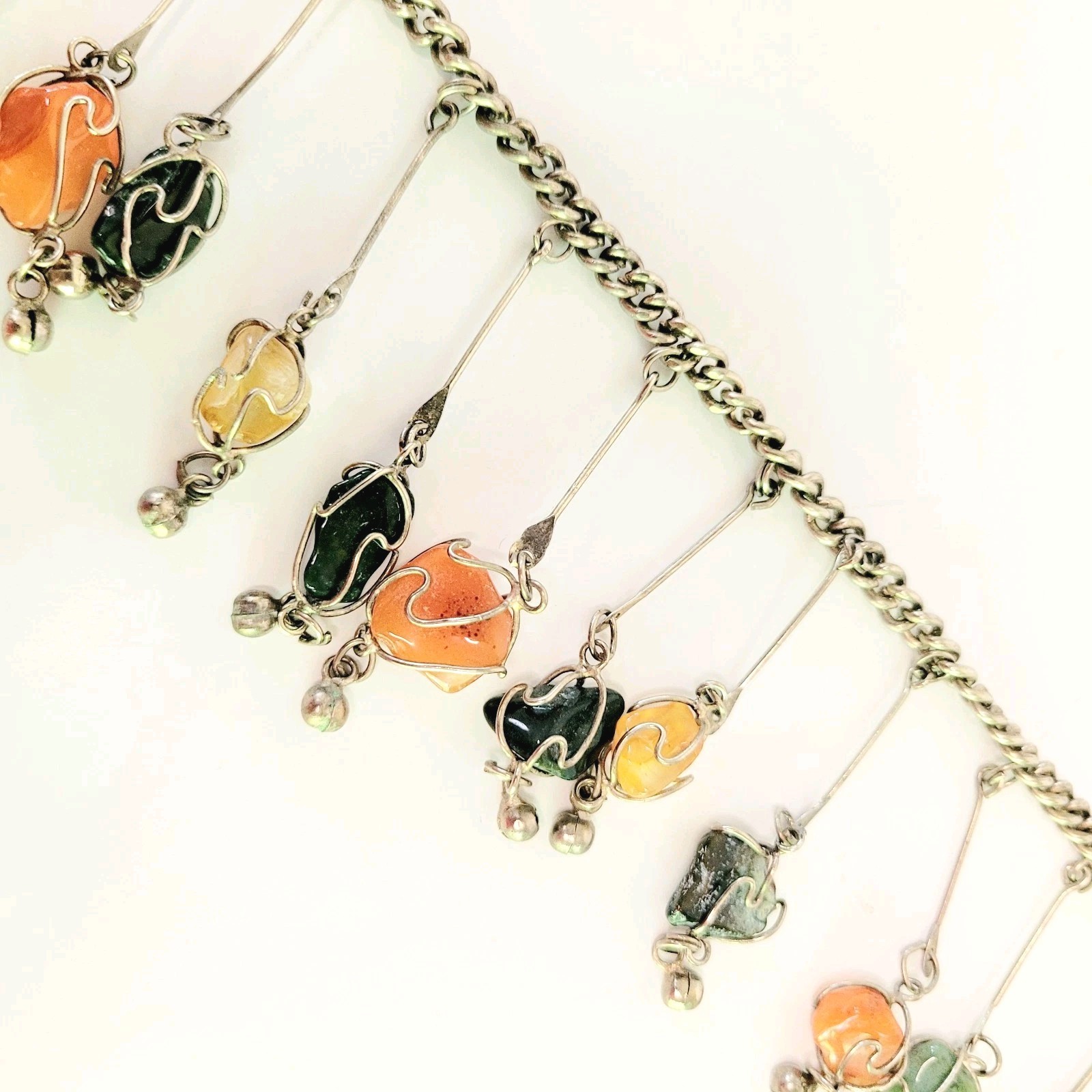 Vtg Wire Wrapped Caged Gemstone Agate Necklace Bib Dangle 21″ 1970s Boho Silver