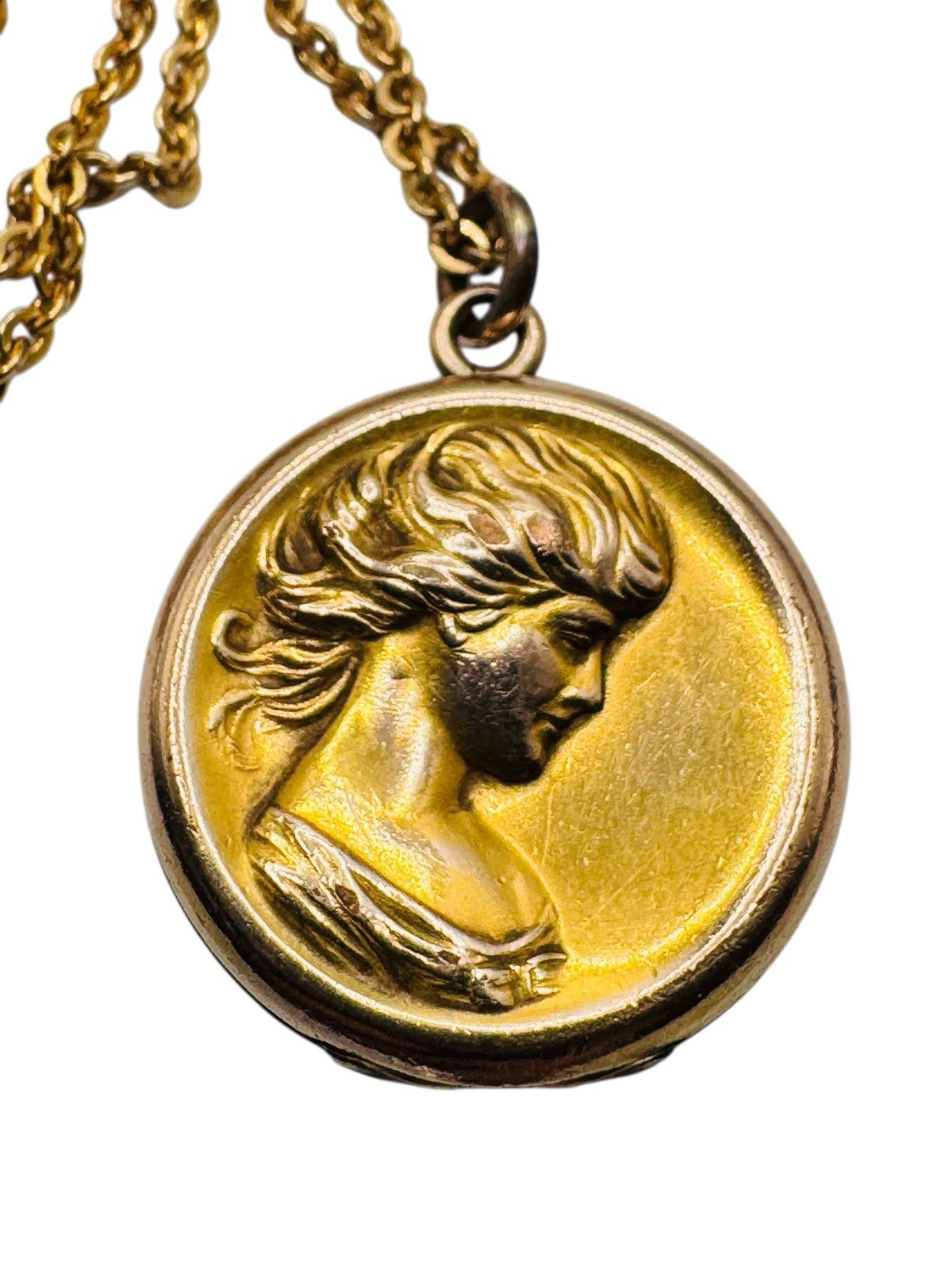 Antique Art Nouveau Rolled Gold Locket Necklace Lady Portrait