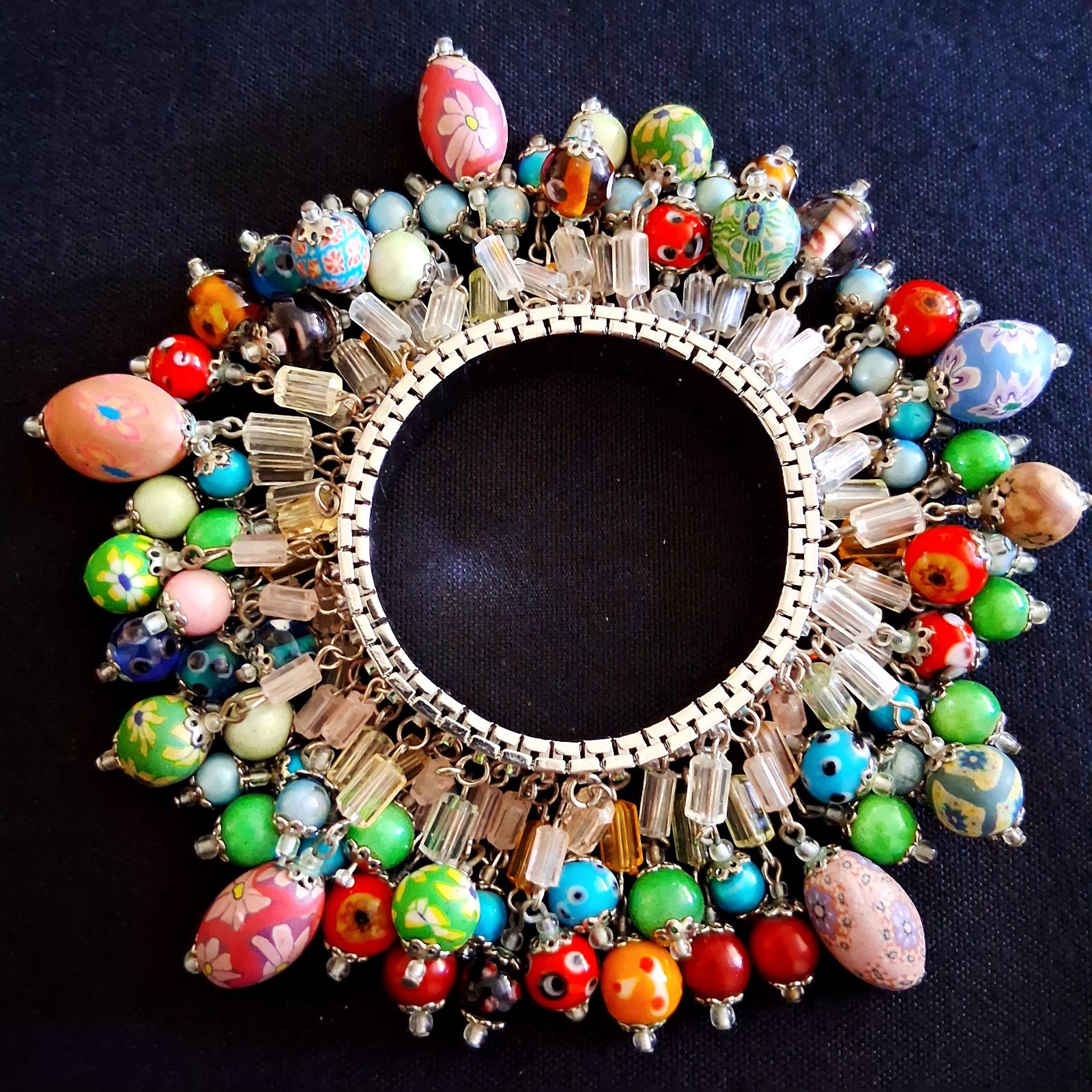Vtg Cha-Cha Charm Bracelet Millefiori Venetian Glass Clay Crystal Beads Stretch