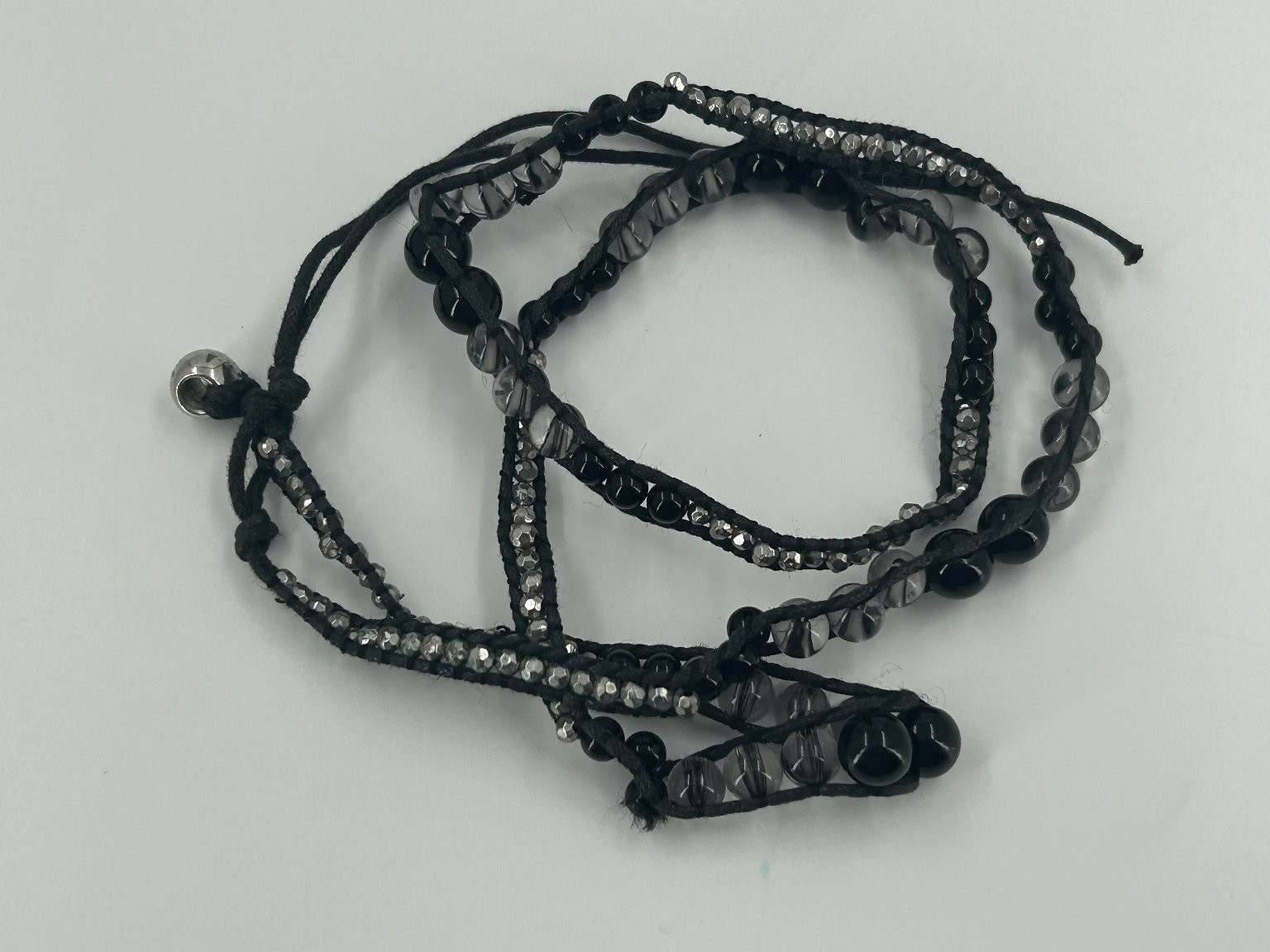 Multi-strand Wrap Bracelet Silver Tone 18″ Black Cord Glass Bead Bell Boho