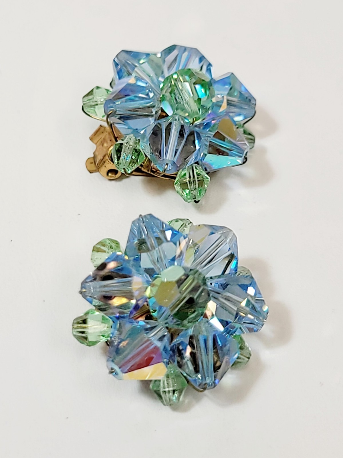 Vintage Green Blue Crystal Bicone Bead Cluster Earrings