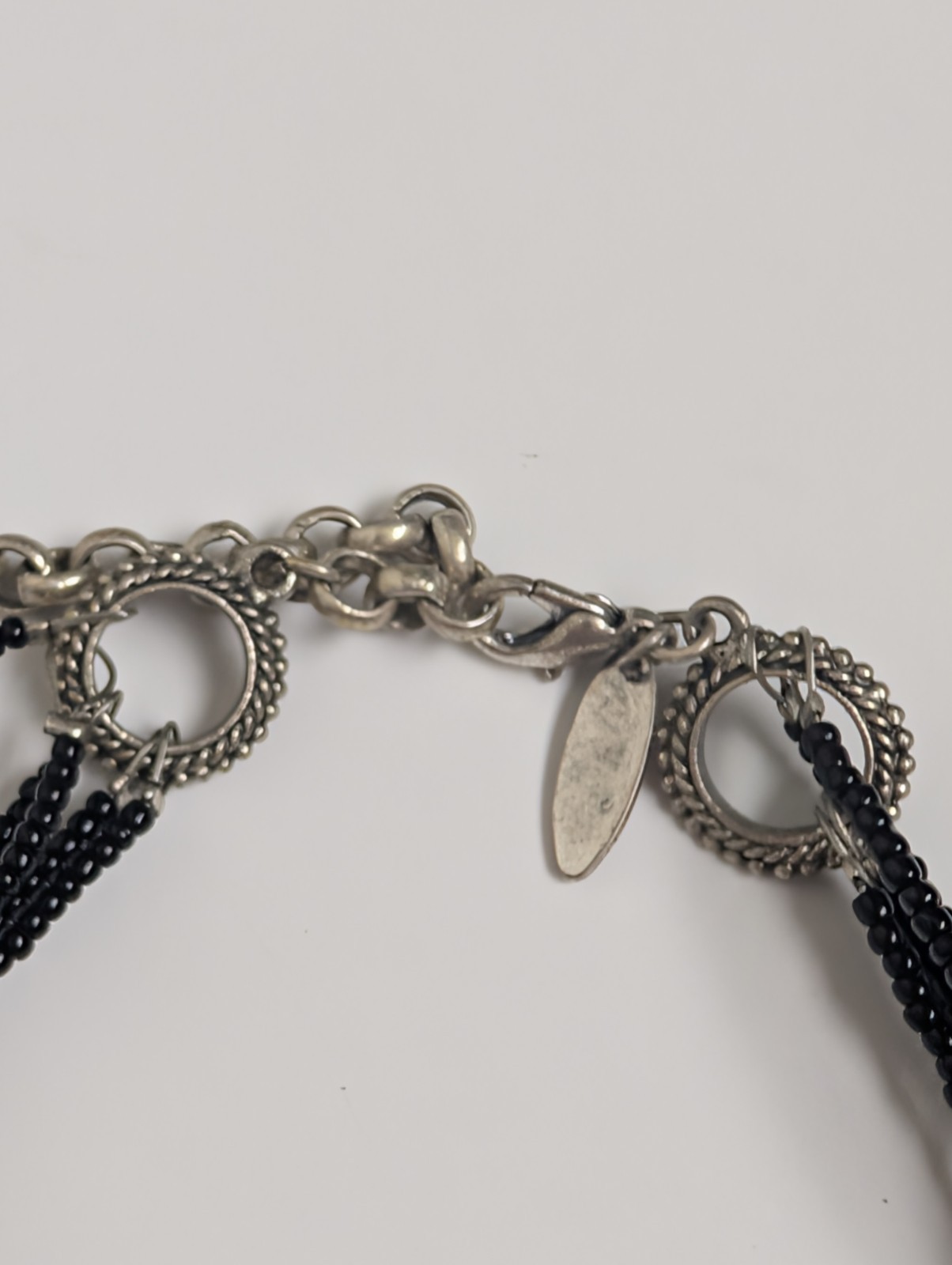 Vintage Black Beaded Necklace with Large Silver Tone Pendant – Gothic Boho Style