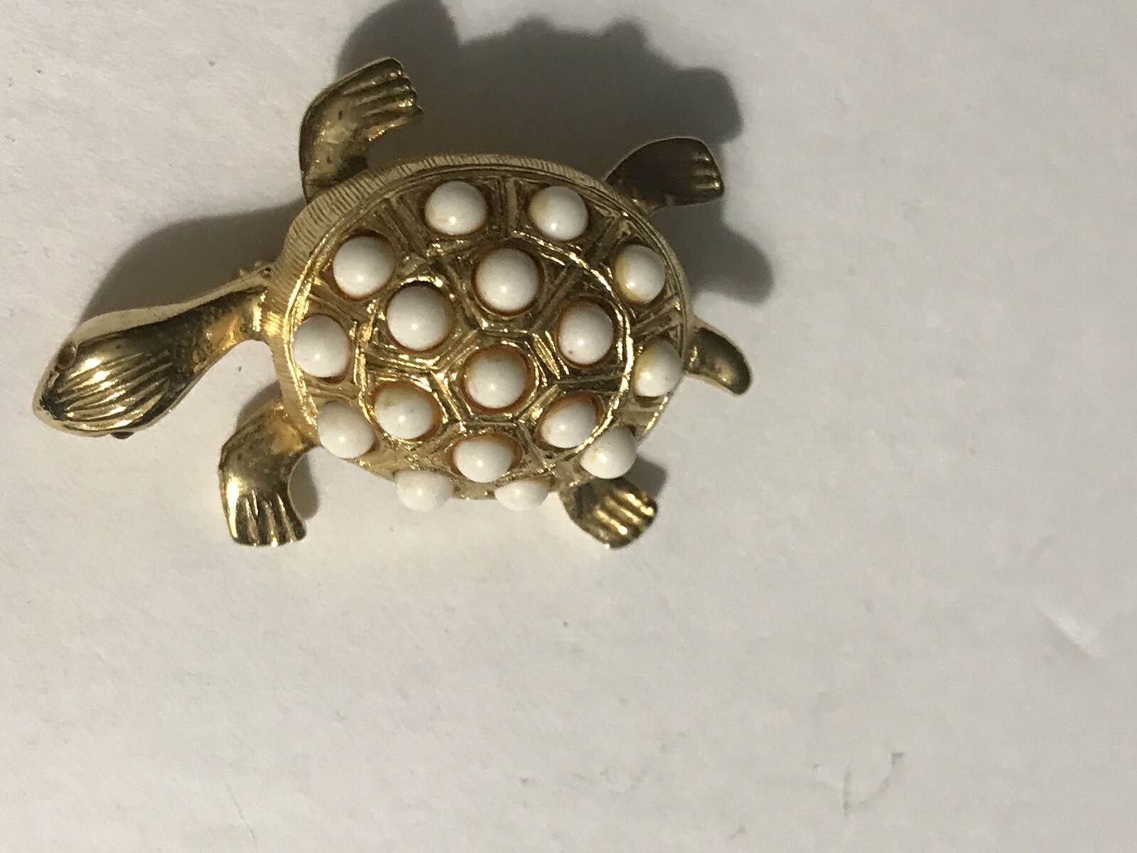 3D Tortoise Turtle Gold w/white Seed Beads BROOCH JEWELRY Vintage 1-1/2” Pin