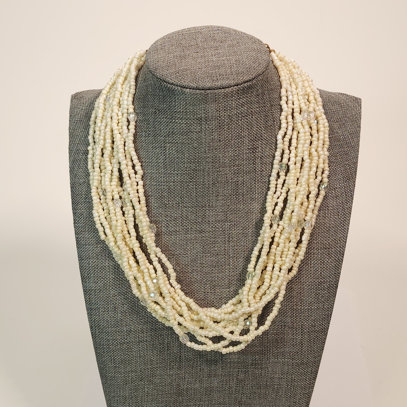 Vintage Multistrand Cream Color Seed and Faceted Bead Necklace Adjustable 15/17″