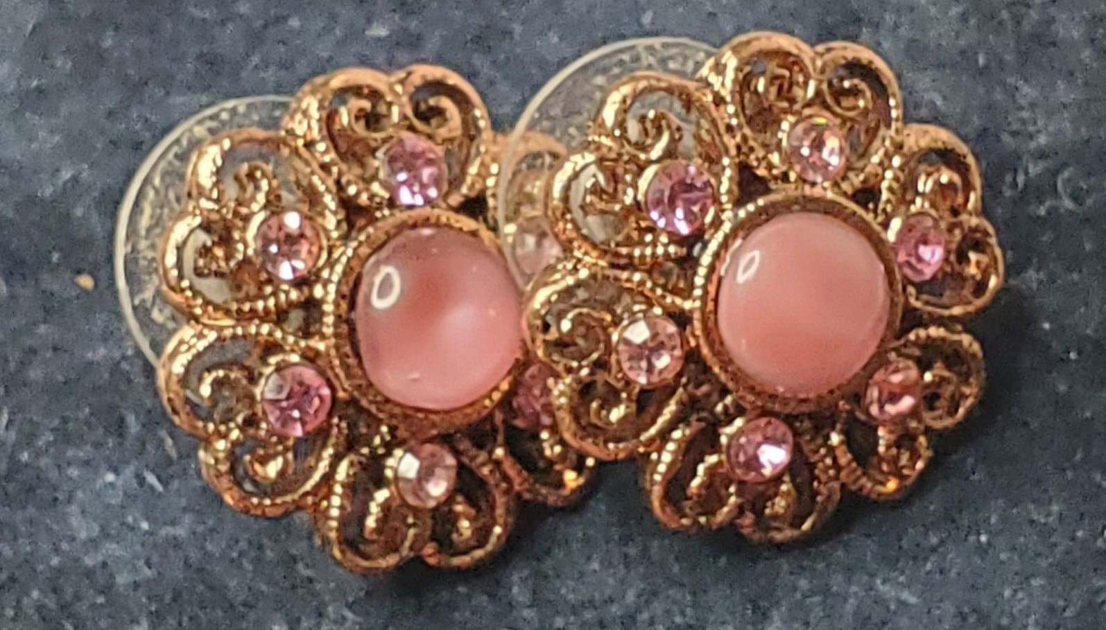 Pink Stone Tigers Eye Rhinestone Copper Colored Stud Earrings Heart Scroll