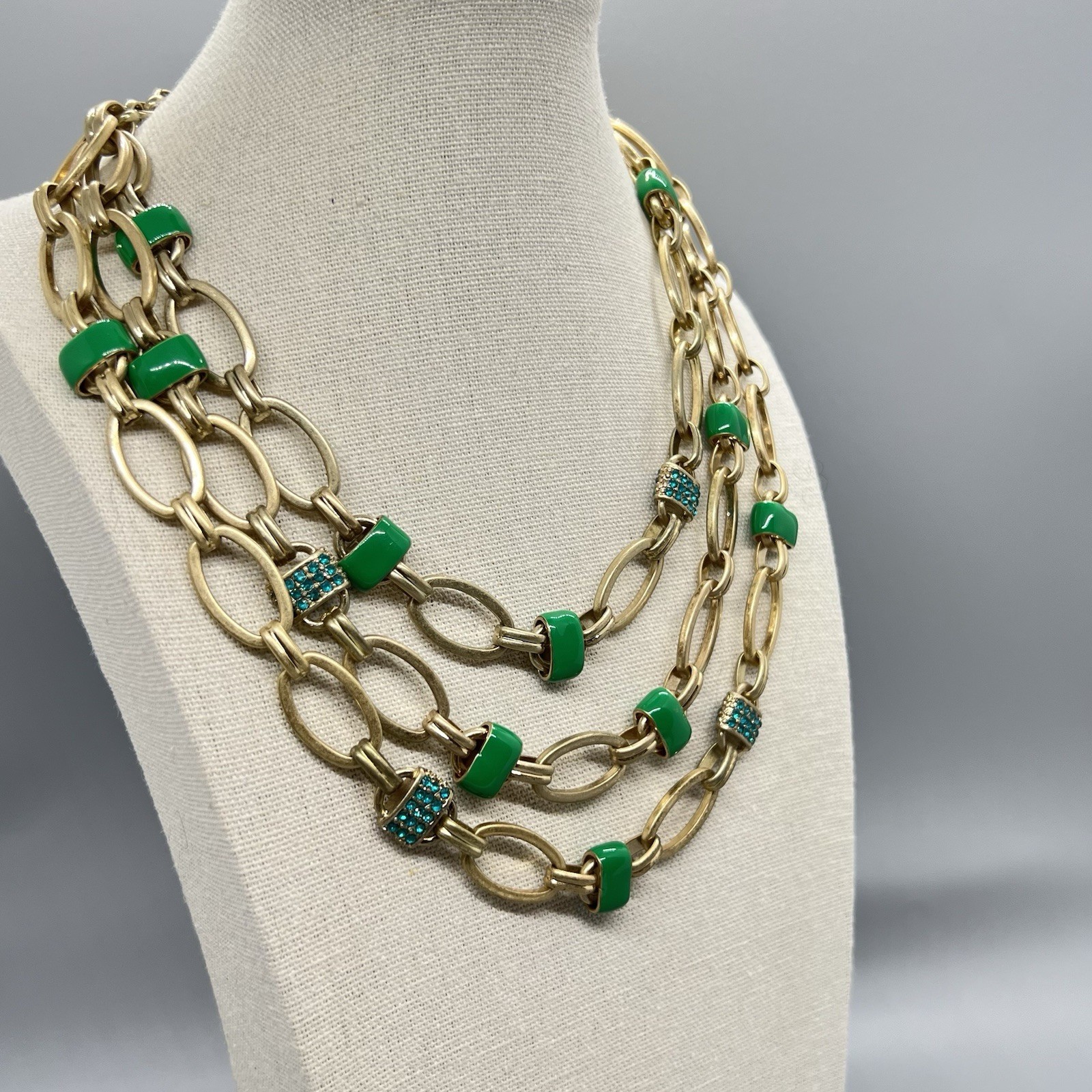 Coldwater Creek Green Enamel Blue Rhinestone Multi Strand Necklace Gold Tone