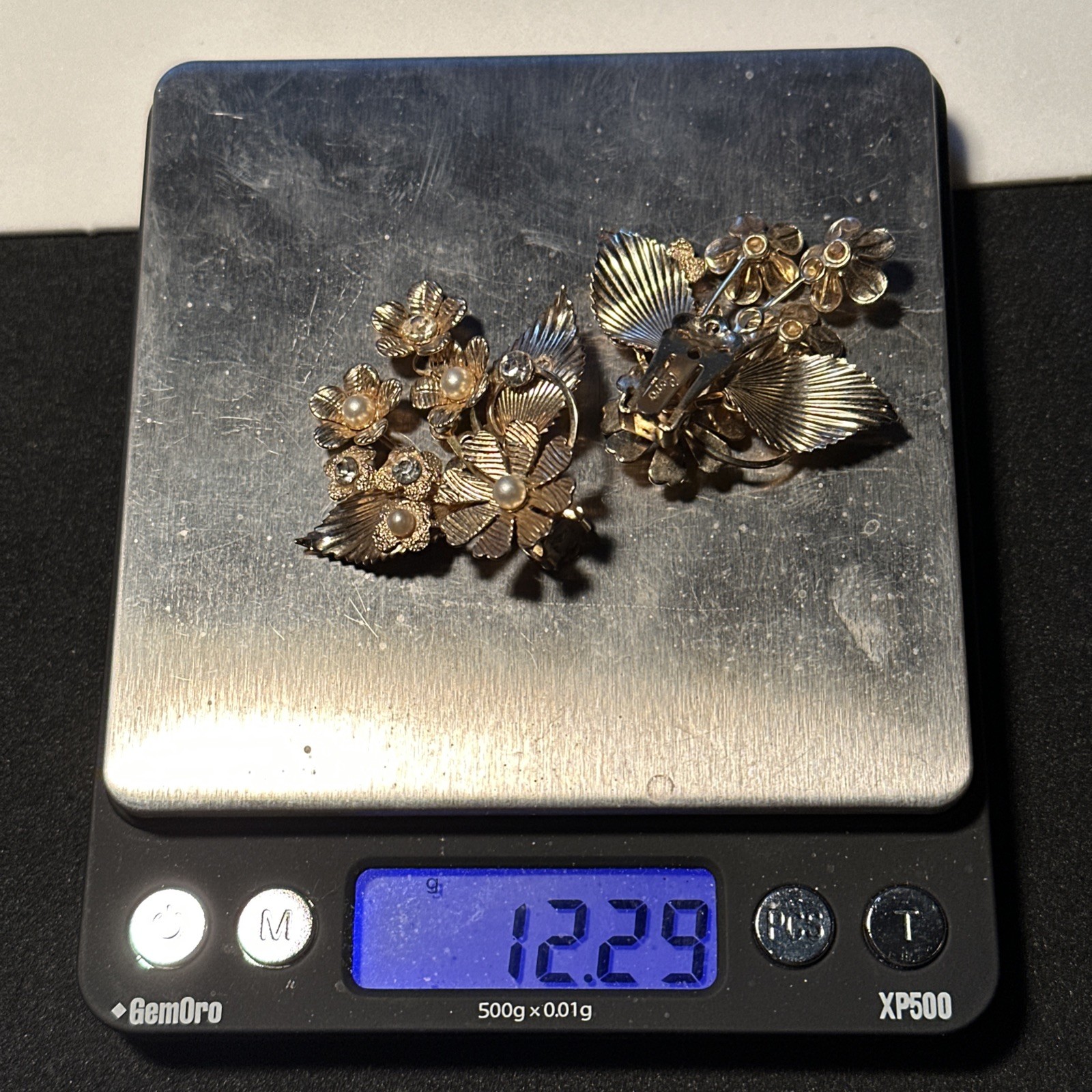 Vintage MCM Coro Clip On Earrings Gold Tone Floral Cluster Faux Pearl Rhinestone