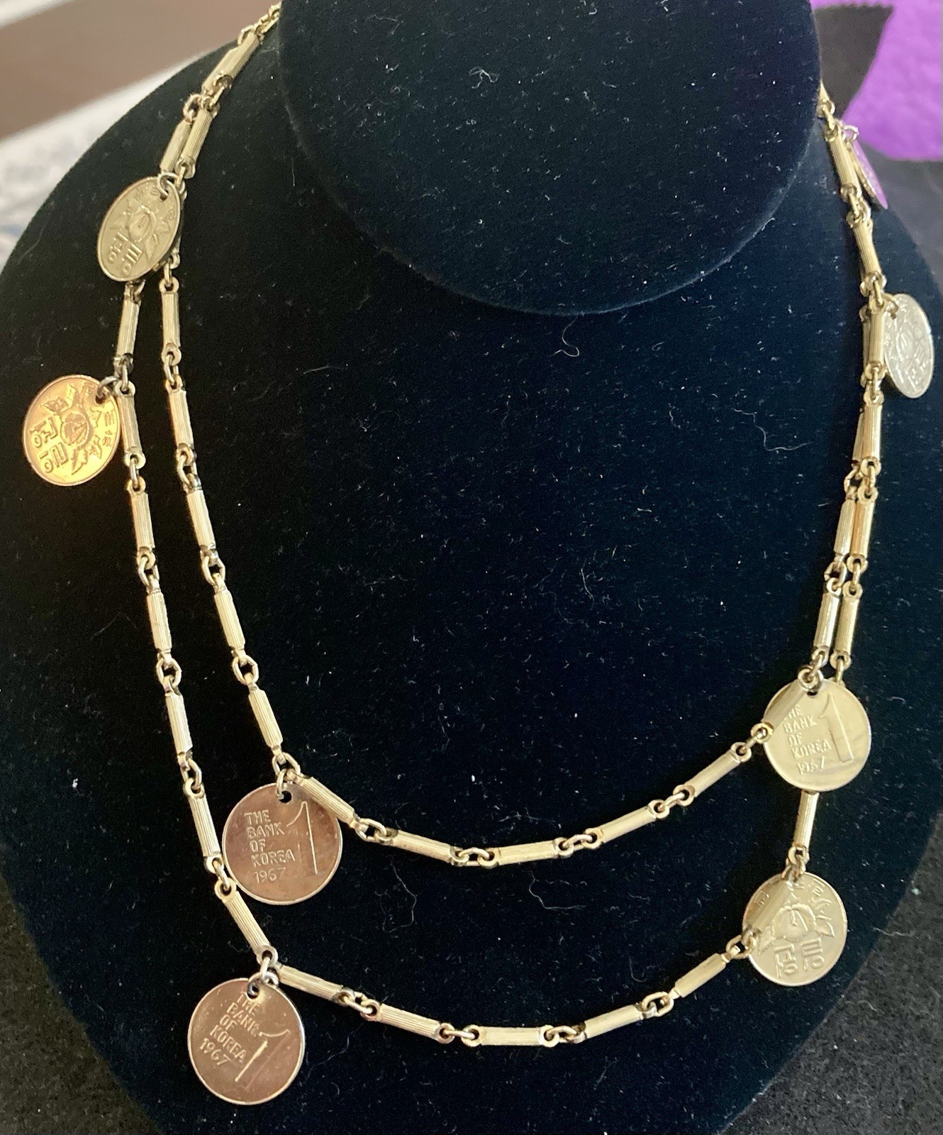 Vintage 34” Long Coins GoldTone Patterned Links Necklace The Bank Of Korea 1967
